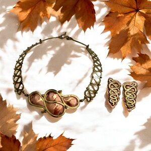 Vintage Statement Copper Brass Gold Tone Necklace and Clip Earring Set